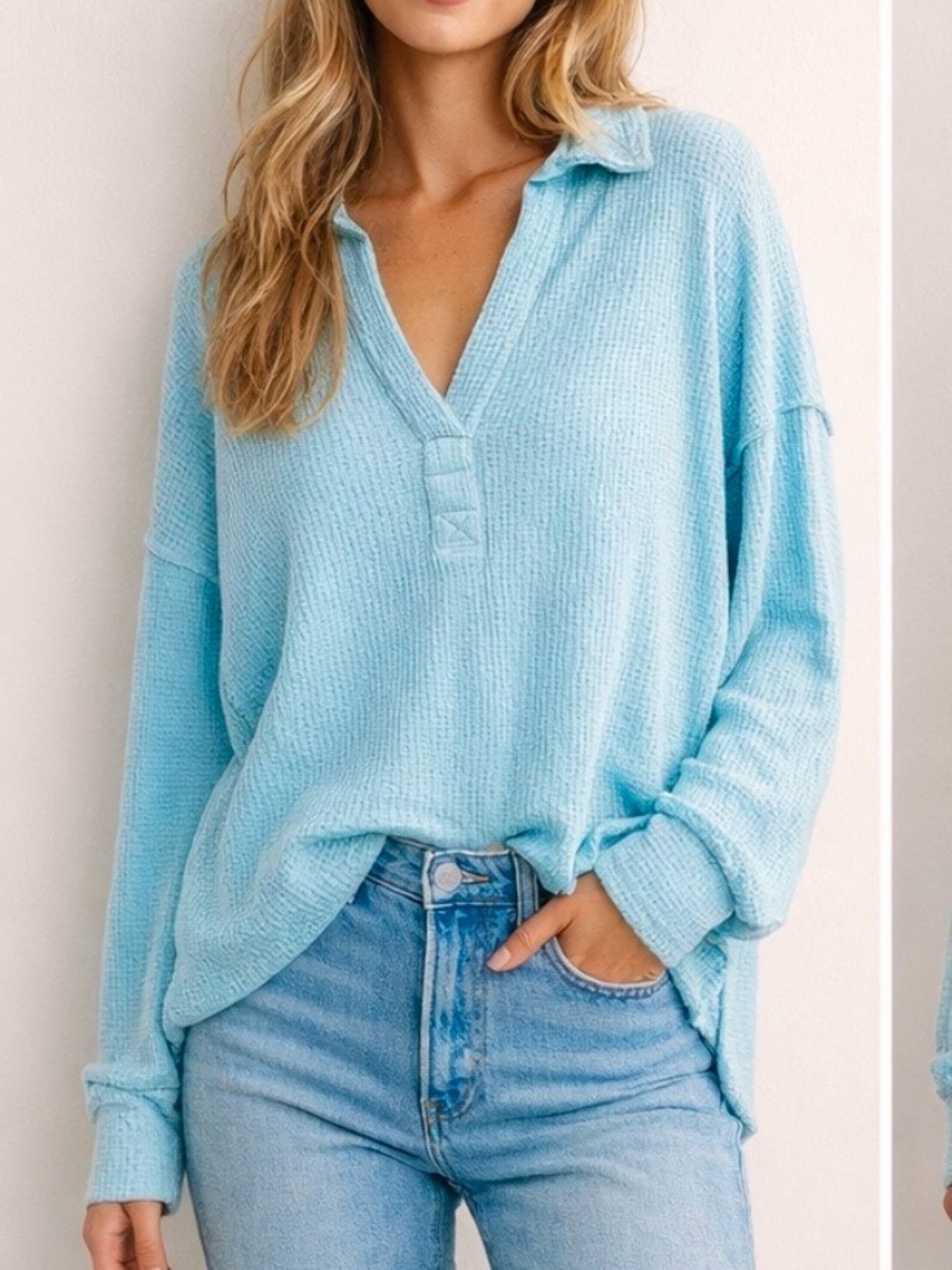 Aerie LumberJane Waffle Polo Sweatshirt Size XL Blue